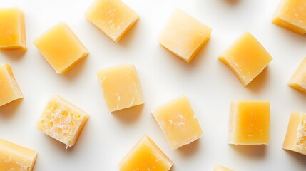 pieces of tasty yellow cheese isolated on white background. 