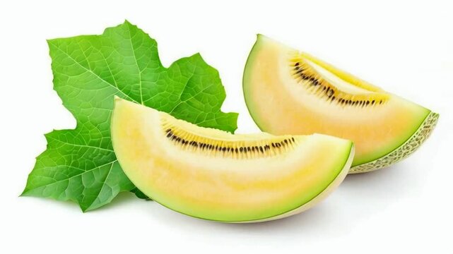 Honeydew melon slices with leaf, isolated. Honeydew melon is a sweet, juicy fruit with pale green flesh, honeydew melon has a hard, smooth, light-colored rind. 
