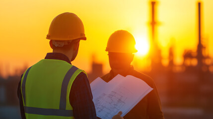 Two construction workers in helmets discuss plans during a sunset at a construction site. Silhouetted against the vibrant sky, showcasing teamwork.