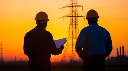 Two engineers observe a power line at sunset, highlighting teamwork and dedication in the energy sector against a colorful sky.