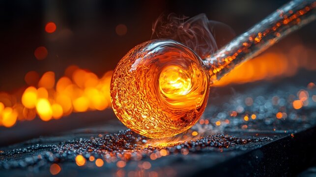 Glass blower forming hot piece of glass with wooden tool. Traditional glass crafter works with burning and blowing an art piece. Hand made glass studio - Powered by Adobe