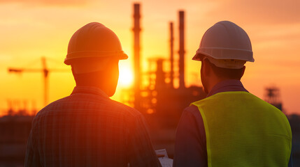 Two workers in hard hats observe an industrial site at sunset, capturing the essence of teamwork and dedication in construction.