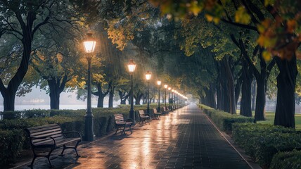 Obraz premium Serene rain-soaked urban park pathway at night with benches and trees