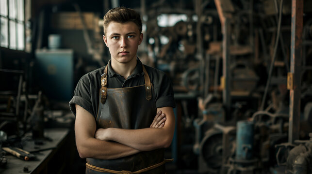Young Man Blacksmith in Workshop Wearing Leather Apron