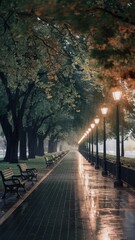 Obraz premium Rain-soaked park path with autumn trees and streetlights casting soft light