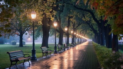 Obraz premium Rain-soaked park pathway at night with benches, streetlights, and a solitary person
