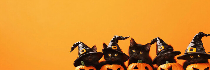 Horizontal row of Halloween black cat with witch hat and pumpkins jack-o-lantern decoration orange yellow background with copy space