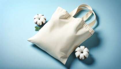 Cotton bag on blue background, space for text.