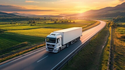 A white truck travels along a winding road through lush green fields at sunset, highlighting transportation and scenic landscapes.