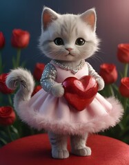 Cute kitten in sparkly dress, romantic mood, holding heart among red roses