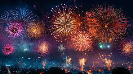 Obraz premium A colorful array of fireworks bursting in the night sky, with a bustling city illuminated below, symbolizing the arrival of the New Year 