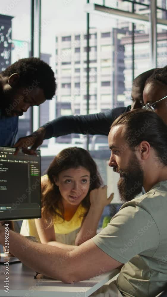 Poster vertical video team of software engineers doing brainstorming to create machine learning models that
