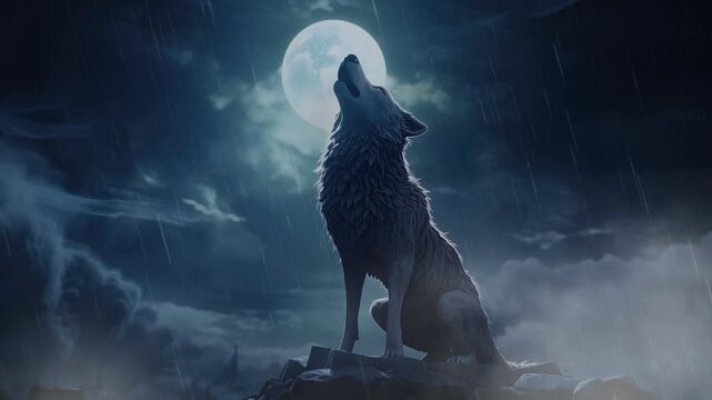 Howling wolf silhouette against the full moon in the dark forest