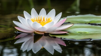 A single white water lily with a yellow center floats on a still pond, its reflection mirroring its beauty.