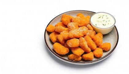 Deep fried sweet creamed corn nuggets are a crispy small, bite sized fritter crunchy on the outside soft inside. With ranch dressing dipping sauce. Isolated on white background with copy space