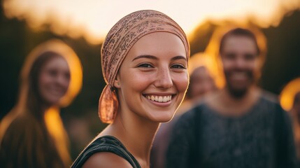 Cancer survivor smiles surrounded by friends, sunset light illuminating their close-knit bond. AI generated