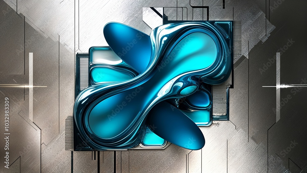 Wall mural Abstract blue and silver 3D design on a metallic background.