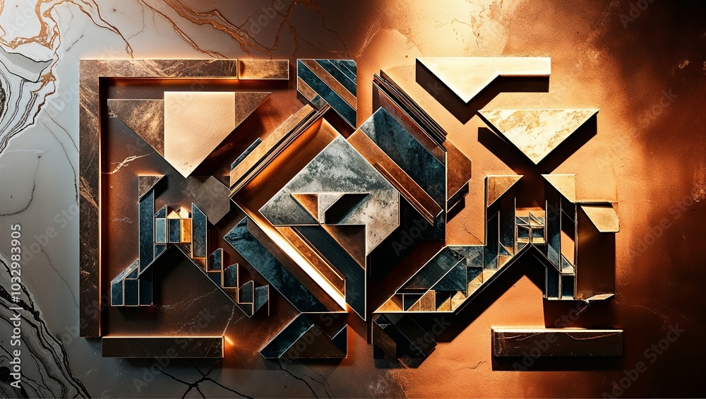 Wall mural Abstract geometric shapes with bronze and blue tones.