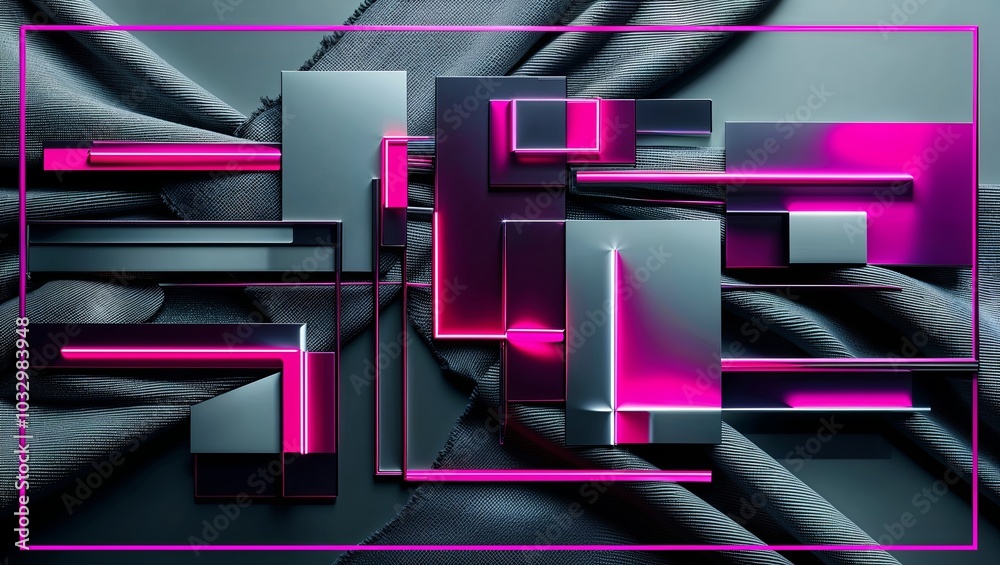 Wall mural Abstract geometric shapes with neon pink accents and a dark fabric background.