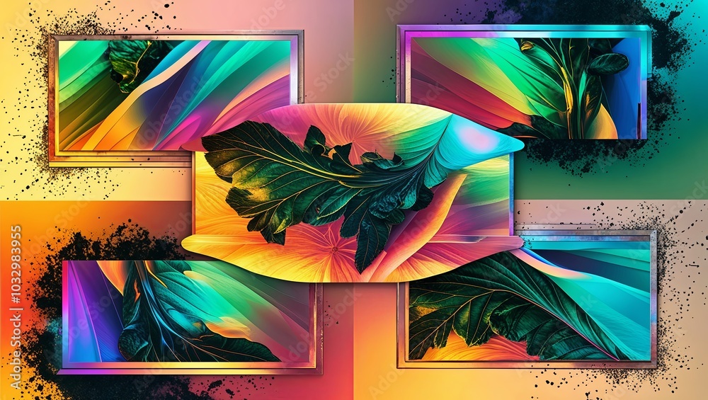 Poster Abstract art with vibrant colors, featuring leafy patterns.