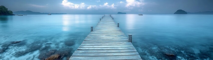 Obraz premium Tranquil Pontoon Pier Extending Over Serene Waters for Peaceful Nature and Relaxation Scenes