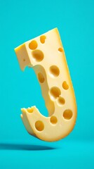 Slice of swiss cheese with bite taken, vibrant background. Culinary and design concept