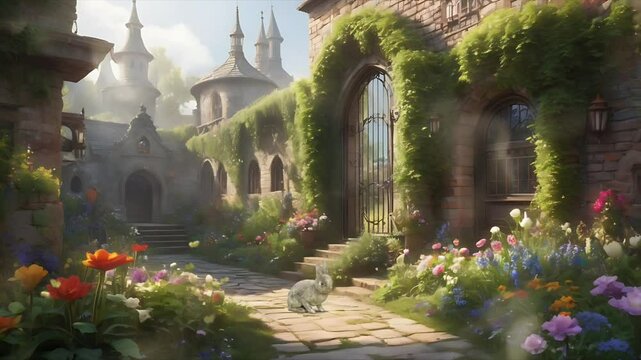 A fairytale palace flower garden. Seamless 4K looping timelapse video animation background