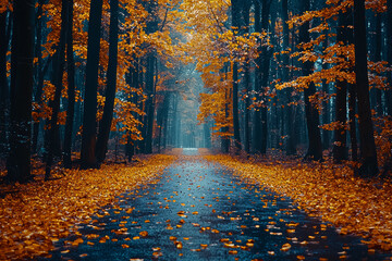 Fototapeta premium A forest path covered in golden autumn leaves creates a nostalgic and peaceful scene of seasonal beauty. Concept of beauty in nature.