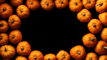 3D pumpkins squash food decoration vibrant orange food autumn harvest vegetable black background with copy space in center