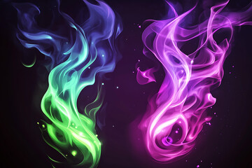 Abstract colorful smoke swirls in green and pink against a dark background.