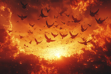 A flock of birds flying across a fiery orange sky at sunset creates a scene of dynamic beauty and freedom. Concept of beauty in nature.