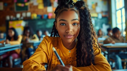 Obraz premium Black girl coloring at desk with teacher in background, child writing on paper and smiling