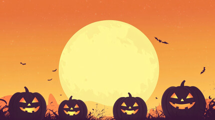 Halloween evil pumpkins jack-o-lantern silhouettes with a big moon and bats at night flat illustration decoration orange yellow background with copy space