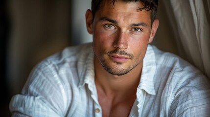 Fototapeta premium headshot of a muscular and handsome Italian man with short hair, clean shaven, brown eyes, wearing a white linen shirt