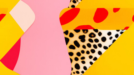 leopard animal print in yellow orange pink red colored geometric seamless patchwork pattern. fashion trendy background for fabric design wallpaper	