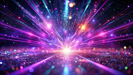 Fototapeta premium Vibrant Hologram Burst with Purple Laser Sparkle - Modern Neon Party Poster Design Featuring Glittering Effects and Falling Dust for Festive Celebrations