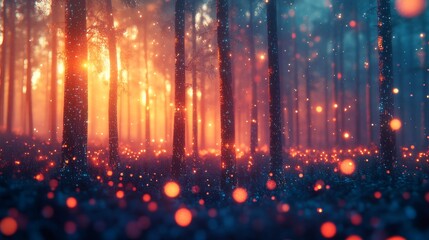 Obraz premium Enchanted forest a mystical journey through trees illuminated by glowing orbs and ethereal light at dusk