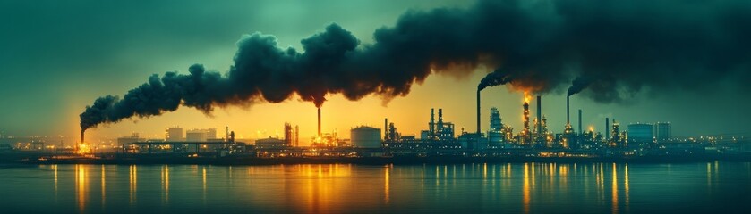 Dramatic industrial landscape pollution and energy production at dusk in a major manufacturing area