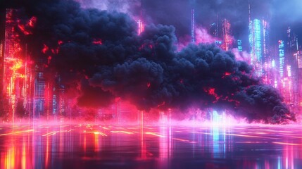Obraz premium Vibrant digital cityscape erupts in fiery hues against a background of thick smoke and neon lights