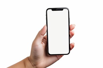 Female hand holding black cell phone smartphone with blank white screen and modern design isolated on white background. Mockup phone. Woman's Hand Holding Smartphone With Blank Screen, mockup phone