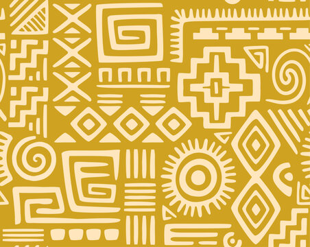 Ethnic seamless pattern. Repeating tribal ornament with abstract geometric shapes and Aztec symbols. Navajo design element for fabric, wallpaper and wrapping paper. Flat hand drawn vector illustration