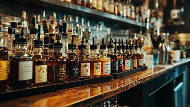 A row of liquor bottles sits on the bar top, ready for a night of cocktails