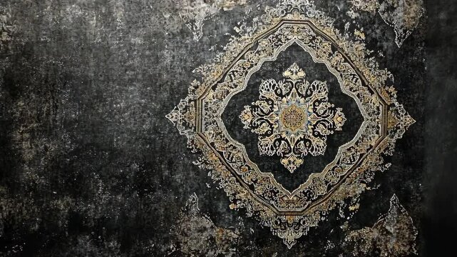 A close-up of a detailed, intricately patterned rug with a black and white color scheme, showing its elegant design