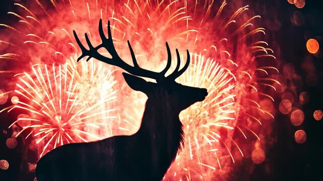 A silhouette of a deer stands in front of a vibrant fireworks display at night