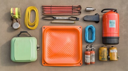 A collection of safety and emergency equipment laid out on a concrete floor. The items include a fire extinguisher, a first aid kit, rope, a metal tray, and other tools.