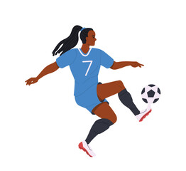 Soccer player. Strong girl athlete plays European football game with ball. Woman running and hitting ball. Sports and activity. Flat vector illustration isolated on white background