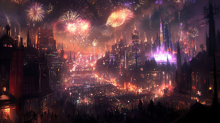 A panoramic view of a city with fireworks exploding above, with party decorations and people gathered in anticipation for the New Year celebration 