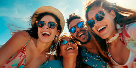 Several young friends taking a photo on the beach
