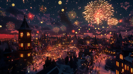 A panoramic view of a city preparing for a New Yearâ€™s party, with decorations and lights, while fireworks begin to light up the night sky