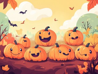 A Group of Smiling Pumpkins with Bats Flying in an Autumnal Setting